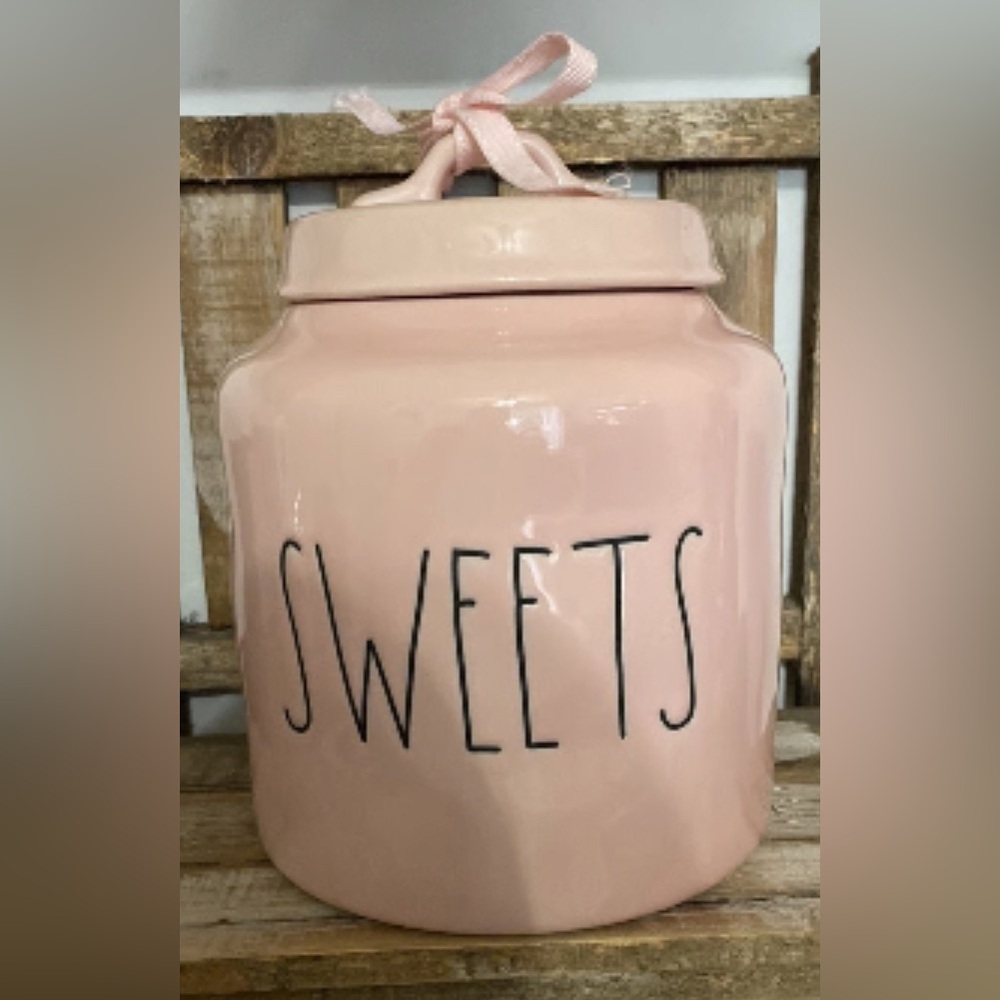 Rae dunn large pink sweets canister with rare bow